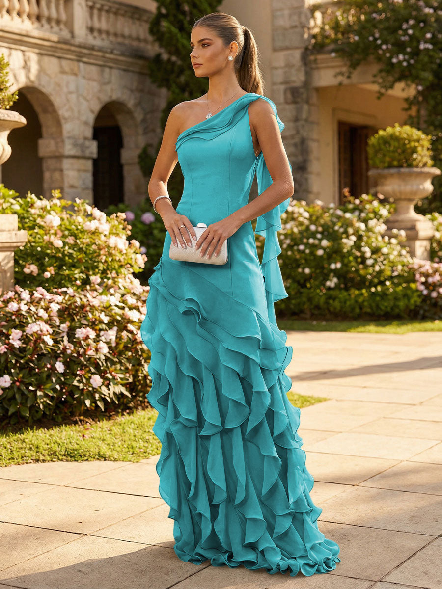 Chiffon A-Line/Princess One Shoulder Floor-Length Formal Dresses with Ribbon