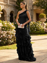 Chiffon A-Line/Princess One Shoulder Floor-Length Formal Dresses with Ribbon