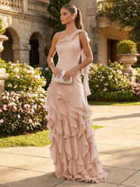 Chiffon A-Line/Princess One Shoulder Floor-Length Formal Dresses with Ribbon