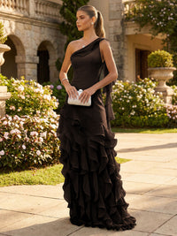 Chiffon A-Line/Princess One Shoulder Floor-Length Formal Dresses with Ribbon