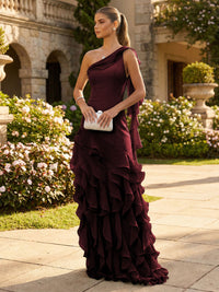 Chiffon A-Line/Princess One Shoulder Floor-Length Formal Dresses with Ribbon