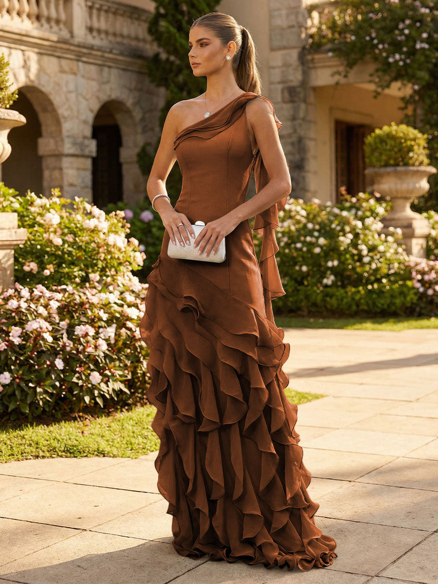 Chiffon A-Line/Princess One Shoulder Floor-Length Formal Dresses with Ribbon