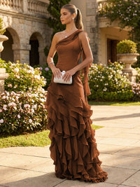 Chiffon A-Line/Princess One Shoulder Floor-Length Formal Dresses with Ribbon