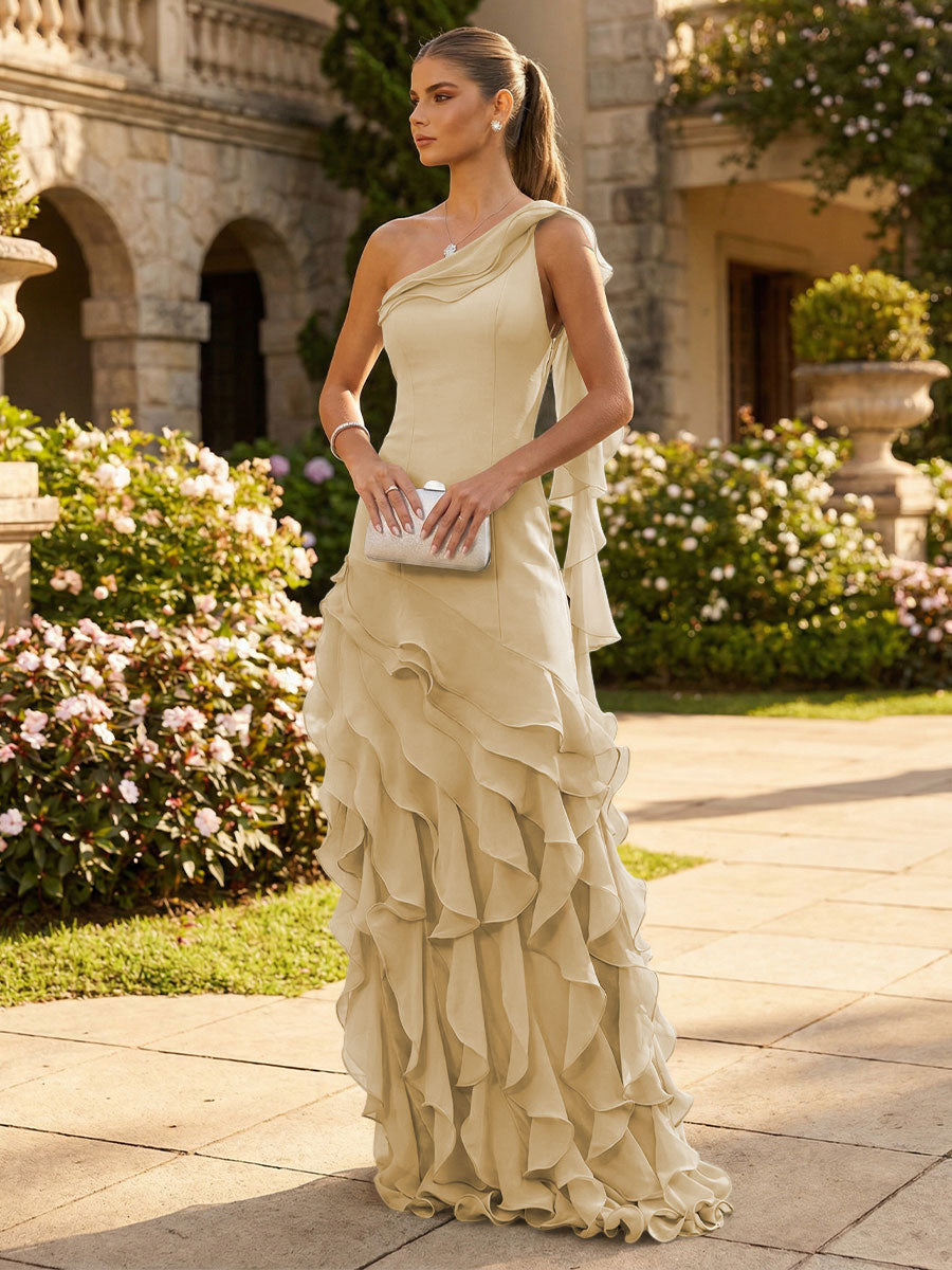 Chiffon A-Line/Princess One Shoulder Floor-Length Formal Dresses with Ribbon