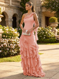Chiffon A-Line/Princess One Shoulder Floor-Length Formal Dresses with Ribbon