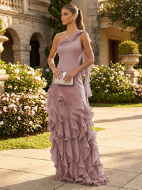 Chiffon A-Line/Princess One Shoulder Floor-Length Formal Dresses with Ribbon