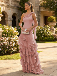 Chiffon A-Line/Princess One Shoulder Floor-Length Formal Dresses with Ribbon