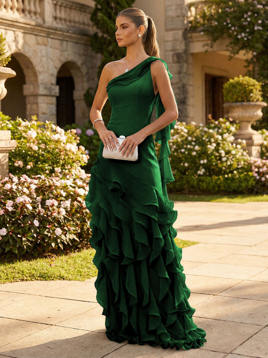 Chiffon A-Line/Princess One Shoulder Floor-Length Formal Dresses with Ribbon