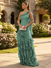 Chiffon A-Line/Princess One Shoulder Floor-Length Formal Dresses with Ribbon