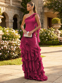 Chiffon A-Line/Princess One Shoulder Floor-Length Formal Dresses with Ribbon