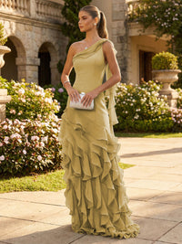 Chiffon A-Line/Princess One Shoulder Floor-Length Formal Dresses with Ribbon
