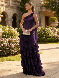 Chiffon A-Line/Princess One Shoulder Floor-Length Formal Dresses with Ribbon