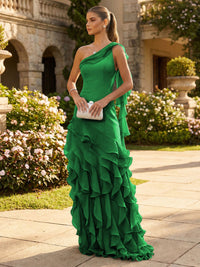 Chiffon A-Line/Princess One Shoulder Floor-Length Formal Dresses with Ribbon
