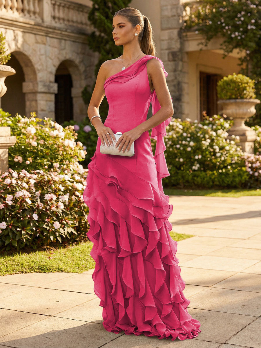 Chiffon A-Line/Princess One Shoulder Floor-Length Formal Dresses with Ribbon