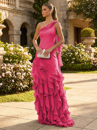 Chiffon A-Line/Princess One Shoulder Floor-Length Formal Dresses with Ribbon