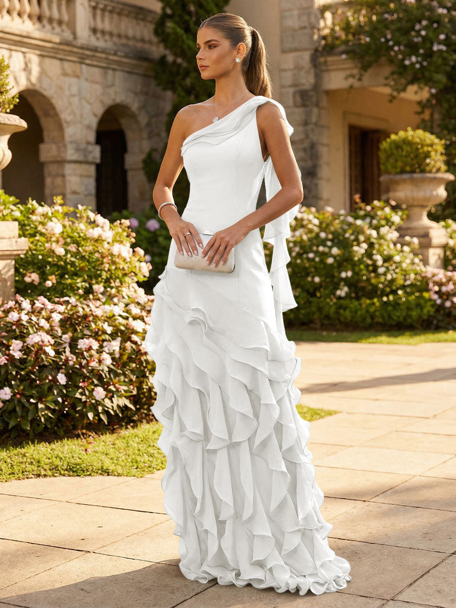 Chiffon A-Line/Princess One Shoulder Floor-Length Formal Dresses with Ribbon