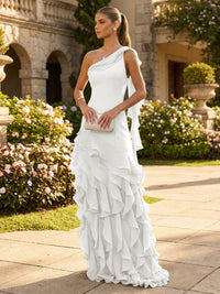 Chiffon A-Line/Princess One Shoulder Floor-Length Formal Dresses with Ribbon