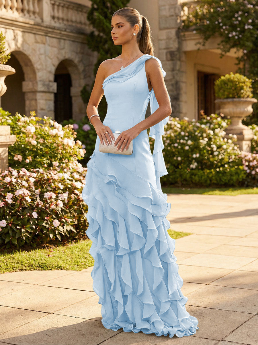 Chiffon A-Line/Princess One Shoulder Floor-Length Formal Dresses with Ribbon