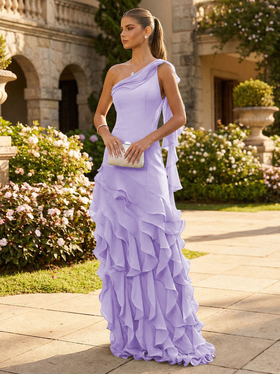 Chiffon A-Line/Princess One Shoulder Floor-Length Formal Dresses with Ribbon