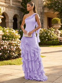 Chiffon A-Line/Princess One Shoulder Floor-Length Formal Dresses with Ribbon