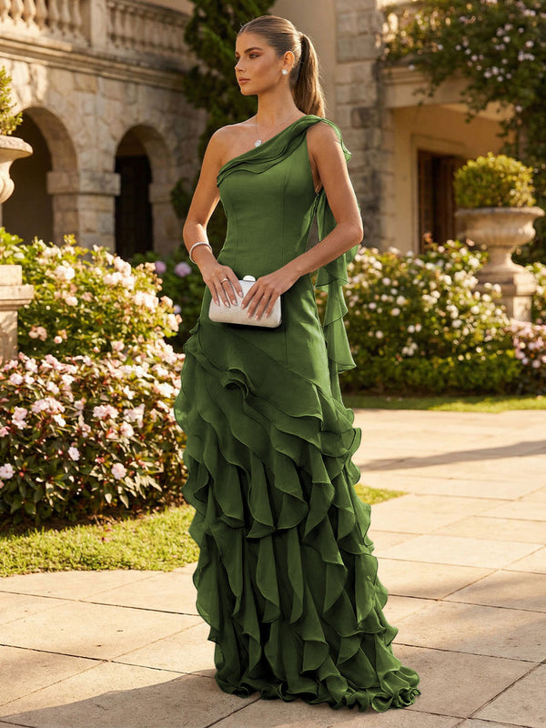 Chiffon A-Line/Princess One Shoulder Floor-Length Formal Dresses with Ribbon
