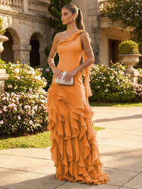 Chiffon A-Line/Princess One Shoulder Floor-Length Formal Dresses with Ribbon