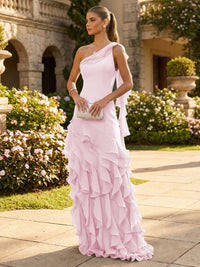 Chiffon A-Line/Princess One Shoulder Floor-Length Formal Dresses with Ribbon