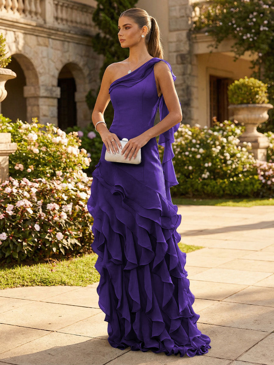 Chiffon A-Line/Princess One Shoulder Floor-Length Formal Dresses with Ribbon