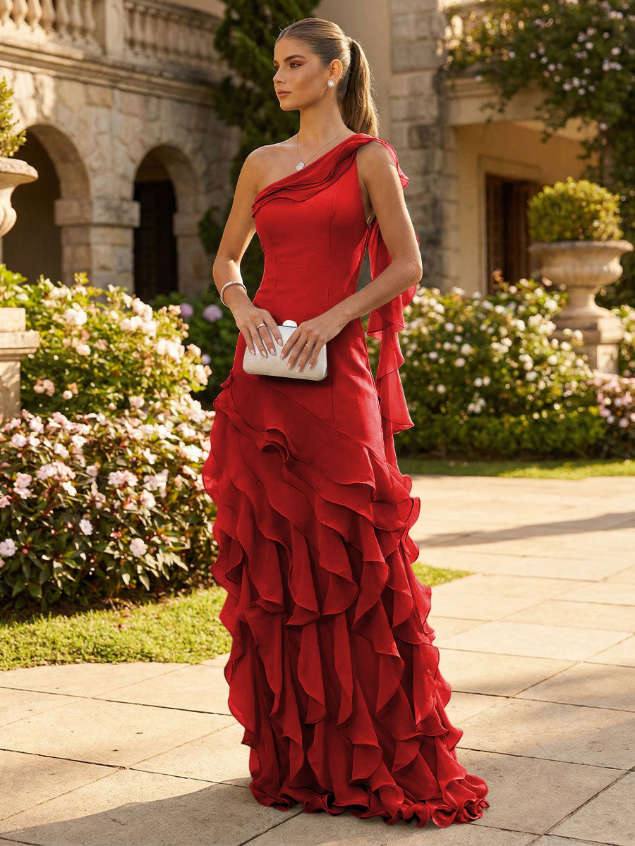 Chiffon A-Line/Princess One Shoulder Floor-Length Formal Dresses with Ribbon