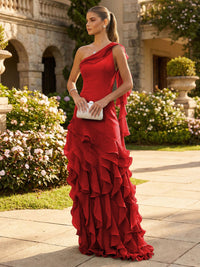 Chiffon A-Line/Princess One Shoulder Floor-Length Formal Dresses with Ribbon