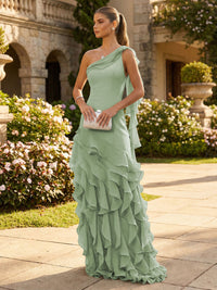 Chiffon A-Line/Princess One Shoulder Floor-Length Formal Dresses with Ribbon