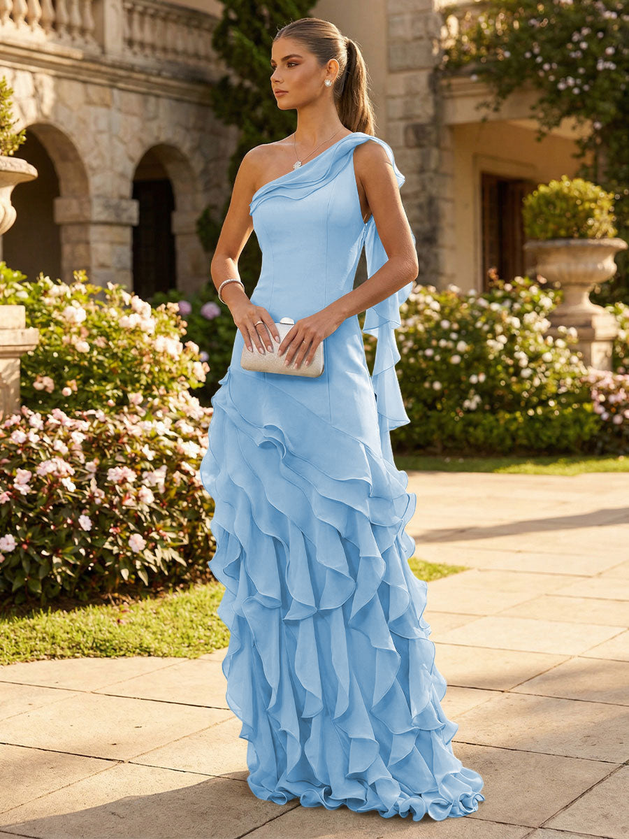 Chiffon A-Line/Princess One Shoulder Floor-Length Formal Dresses with Ribbon