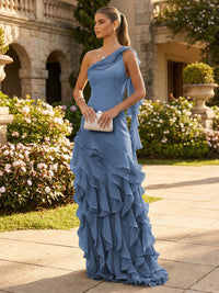 Chiffon A-Line/Princess One Shoulder Floor-Length Formal Dresses with Ribbon