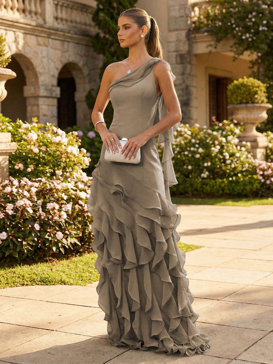 Chiffon A-Line/Princess One Shoulder Floor-Length Formal Dresses with Ribbon
