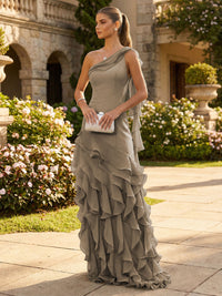 Chiffon A-Line/Princess One Shoulder Floor-Length Formal Dresses with Ribbon