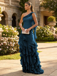 Chiffon A-Line/Princess One Shoulder Floor-Length Formal Dresses with Ribbon