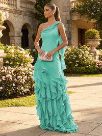 Chiffon A-Line/Princess One Shoulder Floor-Length Formal Dresses with Ribbon