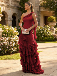 Chiffon A-Line/Princess One Shoulder Floor-Length Formal Dresses with Ribbon