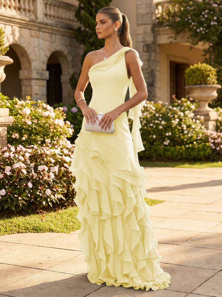 Chiffon A-Line/Princess One Shoulder Floor-Length Formal Dresses with Ribbon