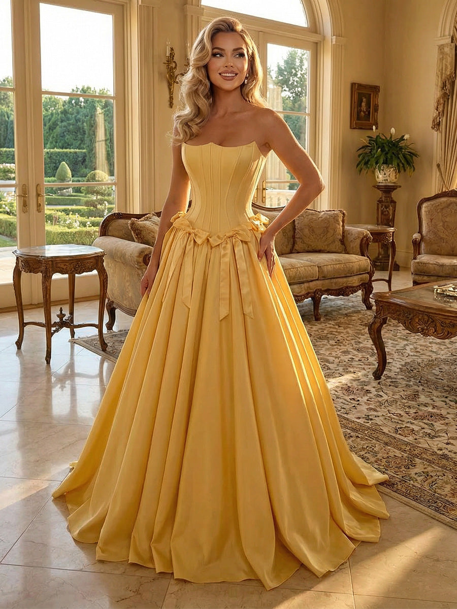 Satin A-Line/Princess Strapless Floor-Length Formal Dresses with Pleated