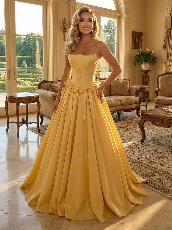 Satin A-Line/Princess Strapless Floor-Length Formal Dresses with Pleated