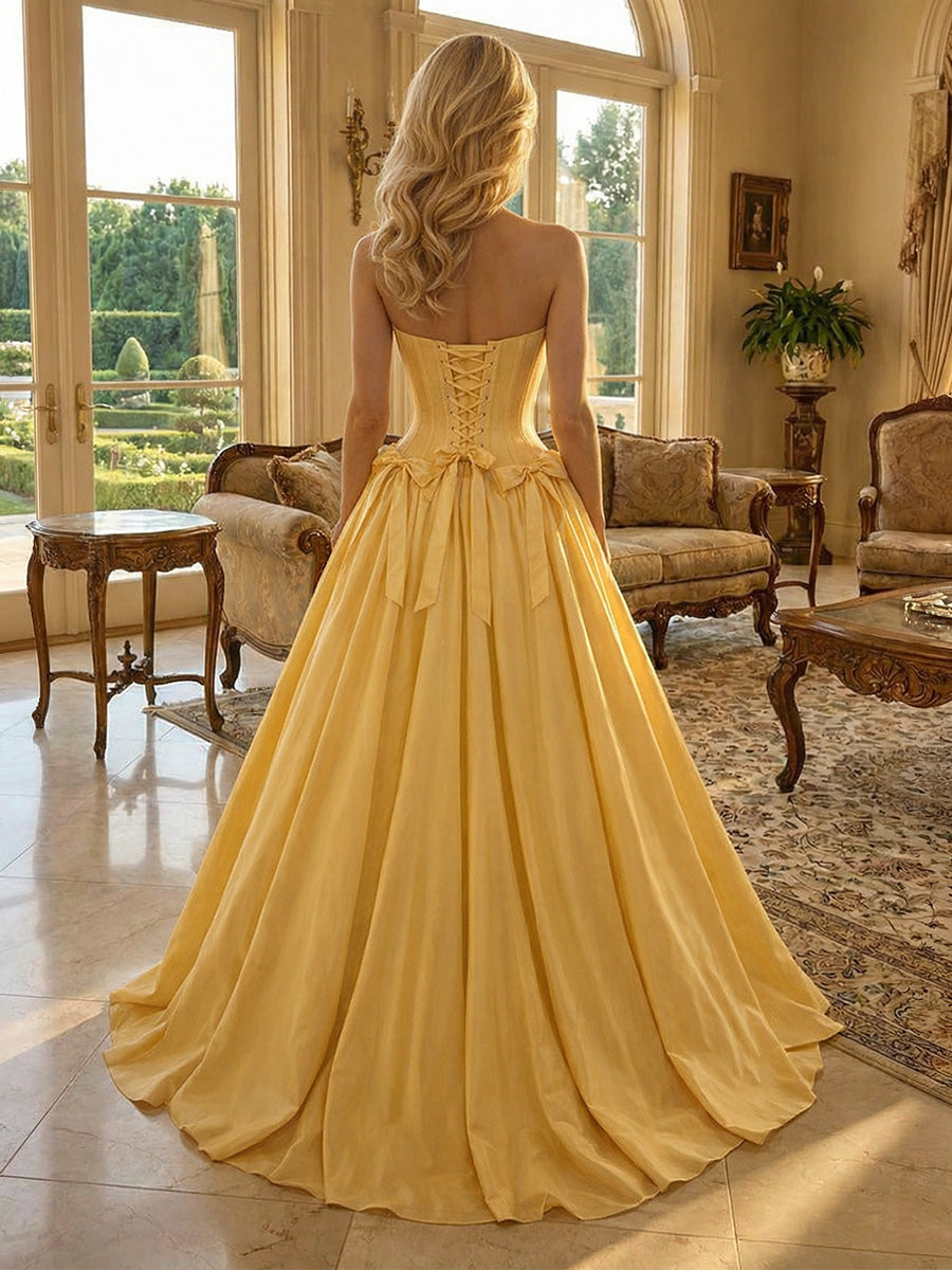 Satin A-Line/Princess Strapless Floor-Length Formal Dresses with Pleated
