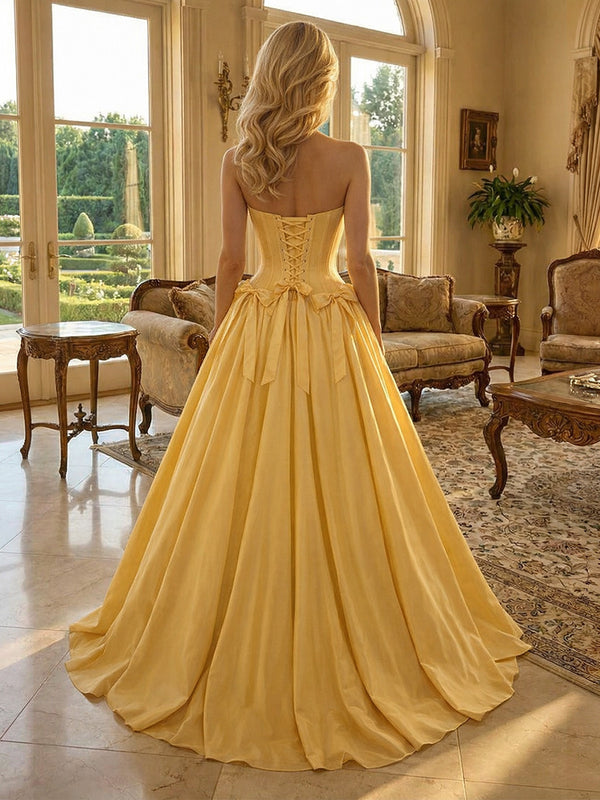 Satin A-Line/Princess Strapless Floor-Length Formal Dresses with Pleated