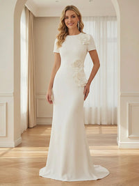 Satin Sheath/Column Scoop Neck Floor-Length Formal Dresses with 3D Flowers