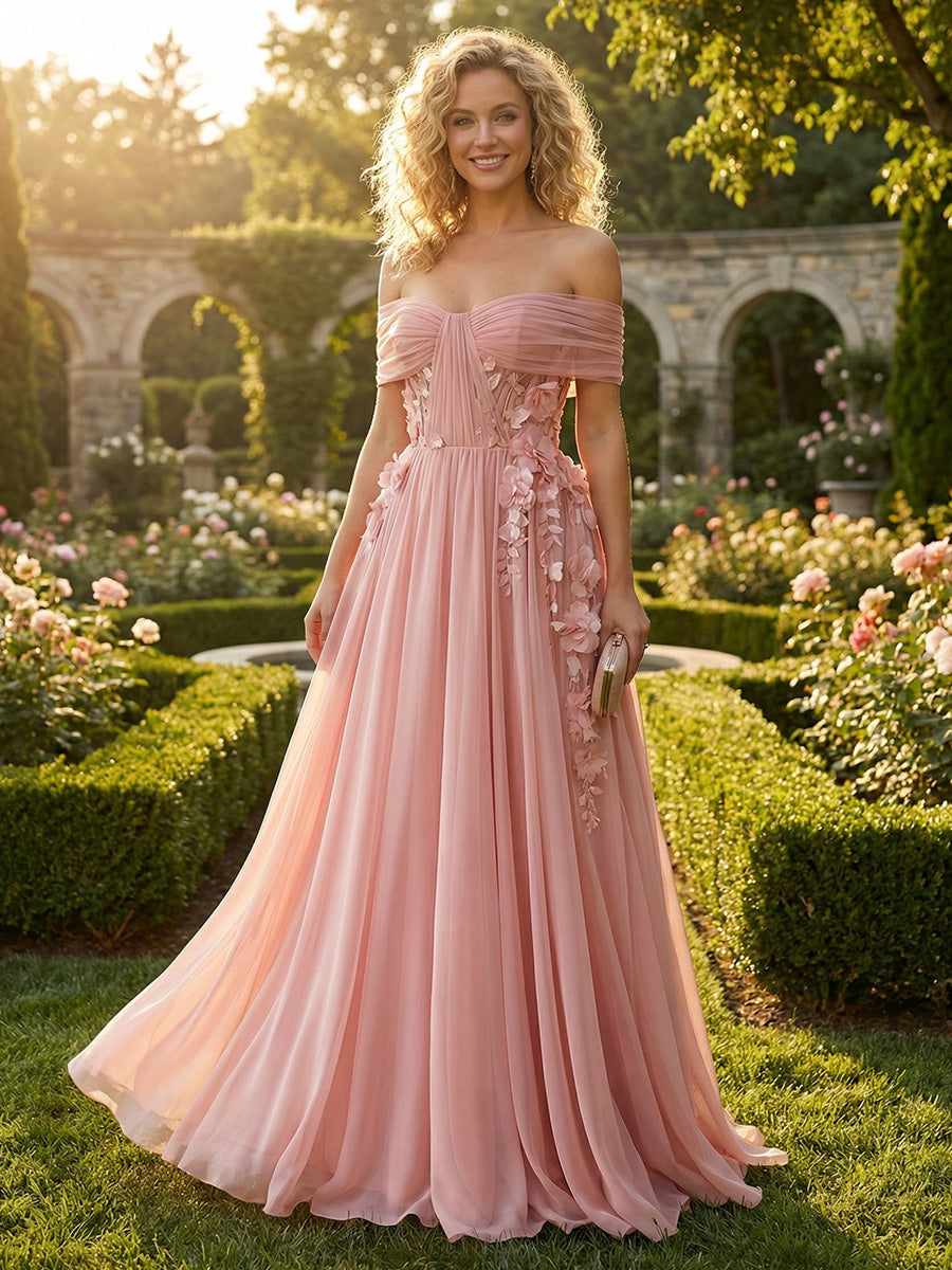 Chiffon A-Line/Princess Off Shoulder Floor-Length Formal Dresses with 3D Flowers