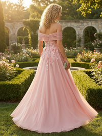 Chiffon A-Line/Princess Off Shoulder Floor-Length Formal Dresses with 3D Flowers