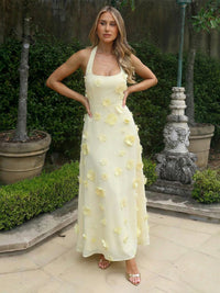Chiffon A-Line/Princess Halter Floor-Length Formal Dresses with 3D Flowers