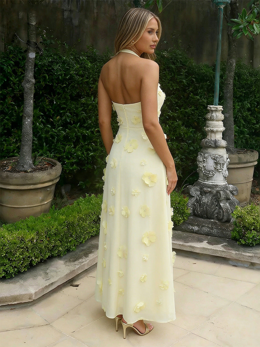 Chiffon A-Line/Princess Halter Floor-Length Formal Dresses with 3D Flowers