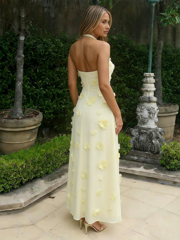 Chiffon A-Line/Princess Halter Floor-Length Formal Dresses with 3D Flowers