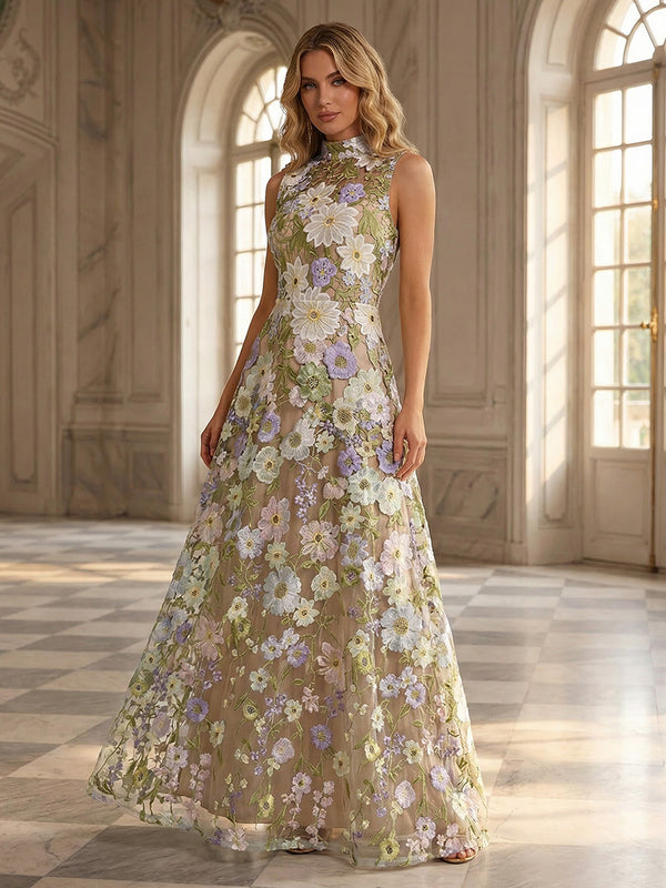 Lace Appliques A-Line/Princess High Neck Floor-Length Formal Dresses for Women
